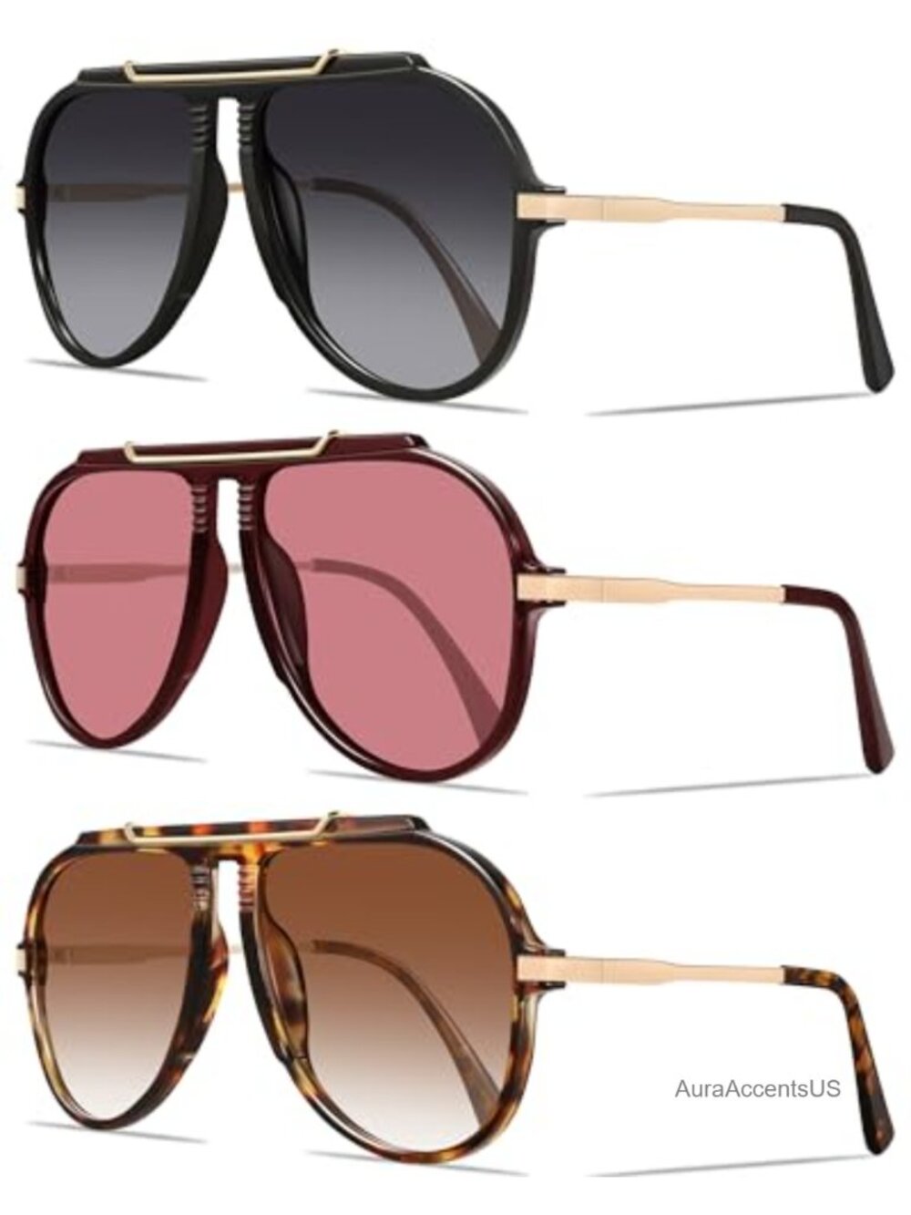 Oversized Aviator Sunglasses 70s Retro Gold Metal Full Frame UV Protection